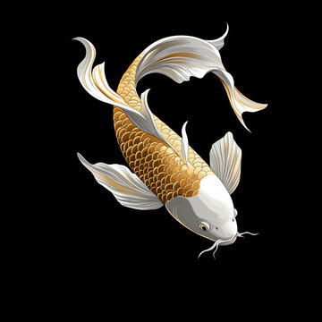 A gold and white fish with a black background