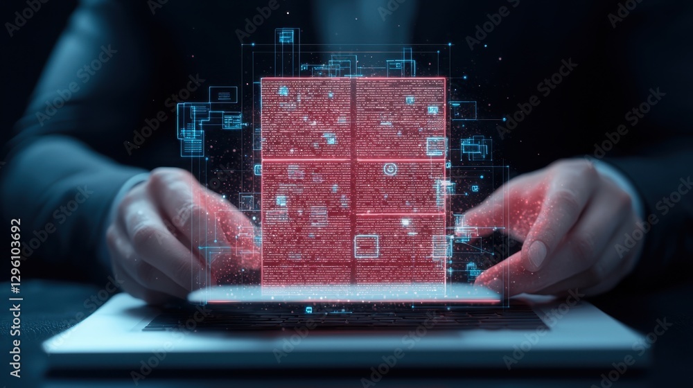 Poster conceptual visualization of a futuristic digital interface with holographic data analysis on a lapto