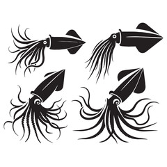 Surreal Giant Squid silhouette, twisting through the black waters - Giant Squid illustration - Minimalist Giant Squid vector - Fish silhouette

