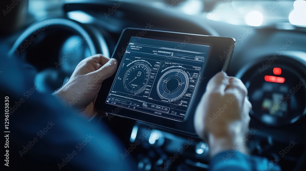 Poster man using tablet displaying car performance metrics while driving inside modern vehicle cabin
