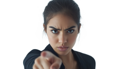 A brown-haired woman with a serious look in her eyes and an angry expression points her finger at the camera on a transparent background