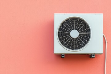 Air conditioner compressor unit on a pink wall. Concept of cooling, climate control, and home comfort.