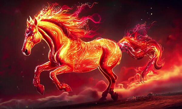 A fiery horse gallops forward with a flowing mane, fiery lights and a sideboard sparkle around it as the concept of the symbol of 2026