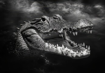 Obraz premium Majestic Alligator Emerging from Dark Waters with Intimidating Expression and Sharp Teeth Perfect for Nature and Wildlife Enthusiasts