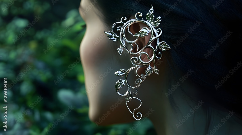 Poster a fantasy elf-style ear cuff with intricate silver vine patterns, floating on a deep forest green ba