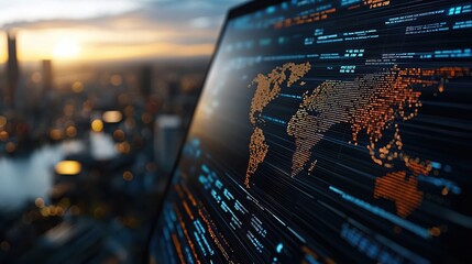 Modern technology concept showing a digital world map on a laptop screen with blurred city skyline at sunset in background, depicting globalization and connectivity