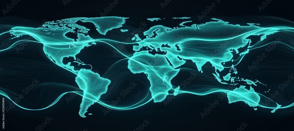 Poster abstract teal outline world map with interconnected data flow lines on black background