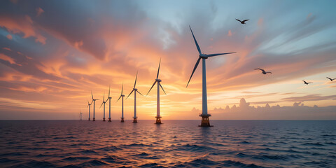 Obraz premium A mesmerizing view of wind turbines silhouetted against a vibrant sunset, showcasing the beauty of renewable energy and nature's palette.