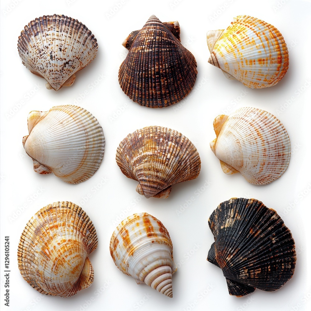 Poster a diverse collection of seashells displayed in a grid pattern, showcasing their unique patterns, col