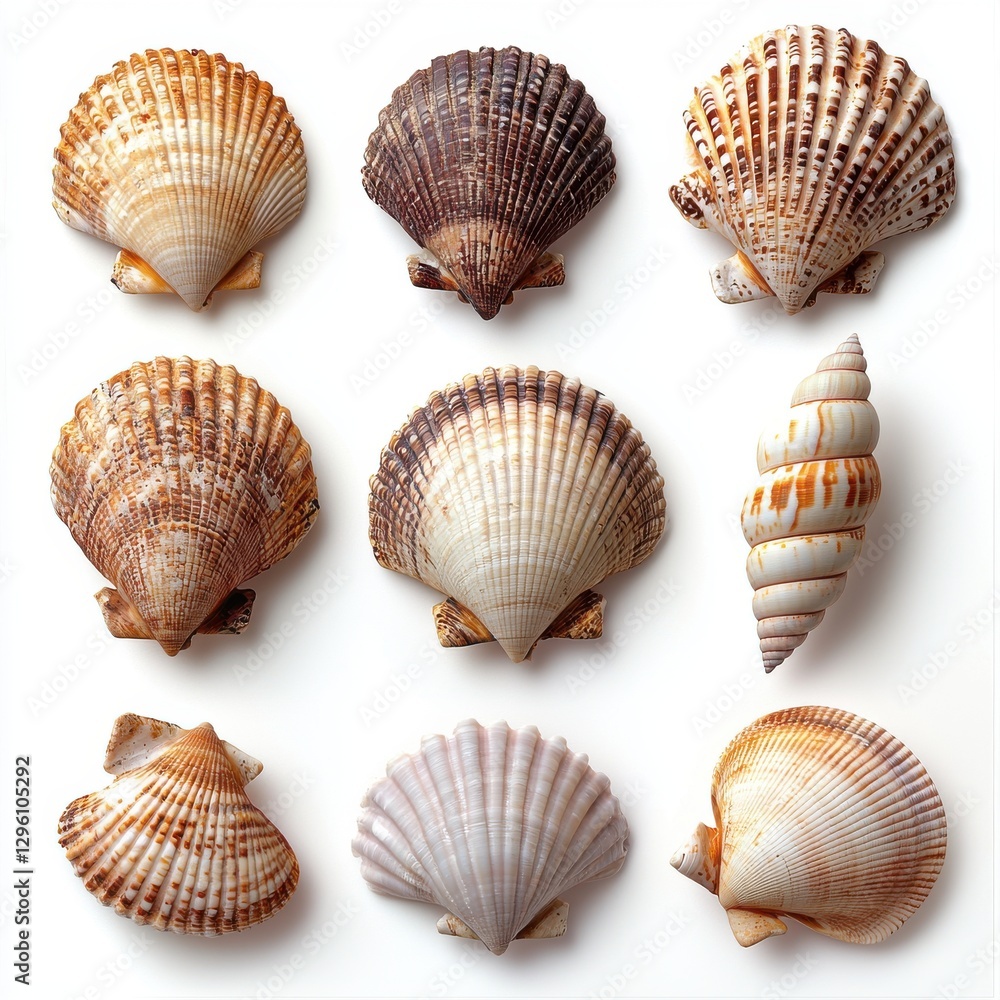 Aufkleber a neatly arranged collection of diverse sea shells, featuring scallops and a spiral shell, each disp