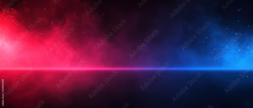 Poster abstract background with vibrant red and blue smoke effect, illuminated by a neon horizon line, crea