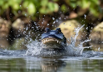 Obraz premium Majestic Alligator Emerging from Water with Splash, Showcasing Powerful Features and Intriguing Environment in Natural Habitat