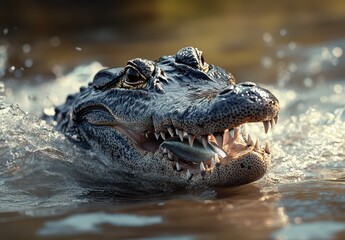 Obraz premium Majestic Alligator Emerging from Water with Fish in Mouth, Showcasing Teeth and Natural Habitat in Bright, Rippling Water Reflections in the Background