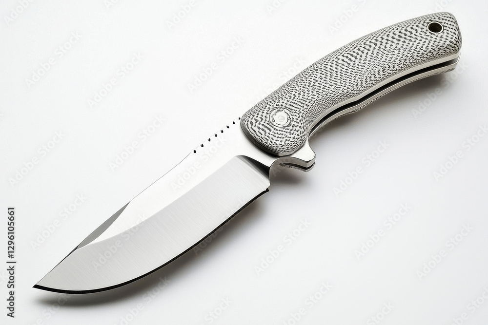 Aufkleber close up of a custom folding knife featuring a stonewashed blade finish and a distinctive textured h