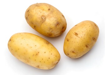 Three Fresh Potatoes Isolated on White Background &ndash; Healthy Raw Food, Top View