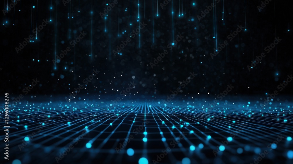 Poster abstract digital landscape with glowing blue particles and grid lines on a dark background creating 