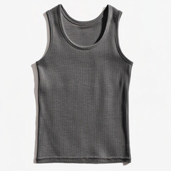 Isolated dark gray ribbed knit tank top on a bright white background, showcasing the garment's texture and design details, perfect for online store catalogs.