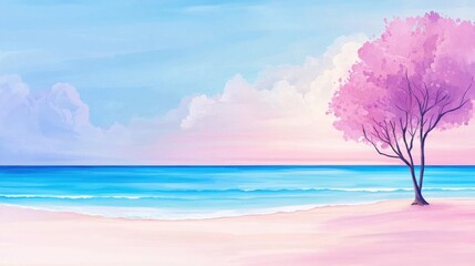 Serene Beachscape with Pink Tree and Tranquil Ocean Under Soft Pastel Sky for Relaxation and Inspiration