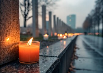 Dementia forgotten concept. A glowing orange candle with a soft flame against a blurred background.