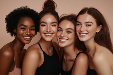 Fototapeta premium Group of young people. Group of diverse women with different skin colors smiling and looking at camera.