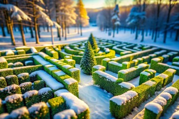 Fototapeta premium Aerial Tilt-Shift View: Snowy Forest Hedge Maze