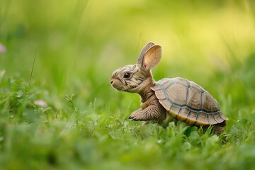 Little bunny in turtle shell in the green grass, soft focus, shallow depth of field. concept art.
