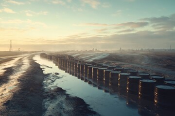 Industrial Landscape with Oil Barrels and Calm Water Reflection