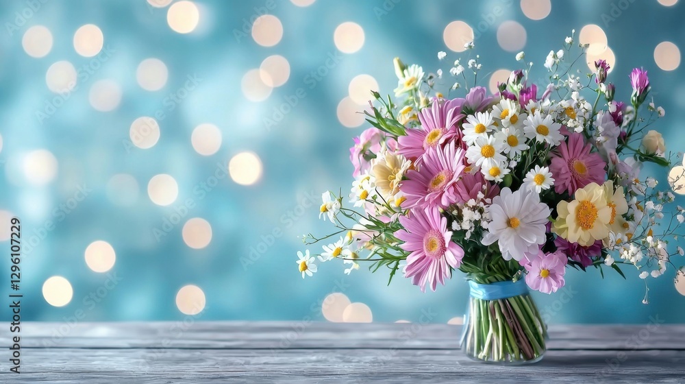 Poster vibrant bouquet of fresh flowers displayed in clear glass vase with soft bokeh background creating a