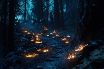 Fototapeta premium Mysterious Forest Pathway Illuminated by Flickering Flames at Night