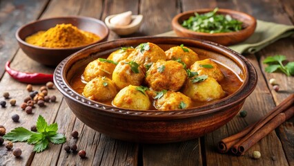 Fototapeta premium Steaming hot Kashmiri dum aloo served in a traditional earthen bowl with aromatic spices and herbs garnished on top, kashmiri, side dish