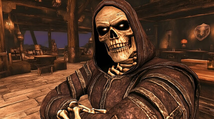 A hooded soul reaper with a cloak made of shadows, adorned with small, rattling bones,