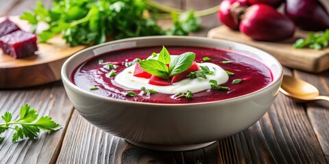 Steaming hot bowl of beetroot soup with a dollop of sour cream and fresh herbs like parsley or dill on top, healthy, herbs