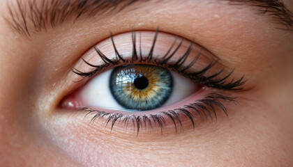 Obraz premium Close up of beautiful female eye showcasing vibrant colors and details