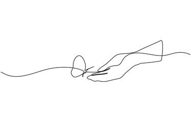 Obraz premium Continuous one line drawing of hand holding butterfly, One continuous line drawing of hand holding butterfly. Beautiful flying moth for well being beauty or spa salon logo in simple linear style. 