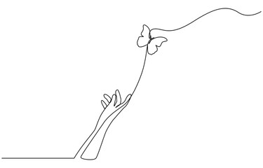 Continuous one line drawing of hand holding butterfly, One continuous line drawing of hand holding butterfly. Beautiful flying moth for well being beauty or spa salon logo in simple linear style. 