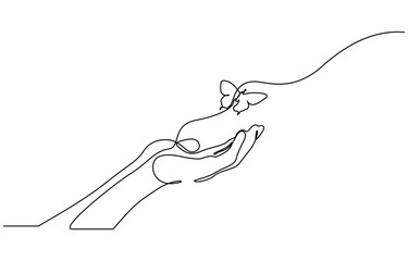 Continuous one line drawing of hand holding butterfly, One continuous line drawing of hand holding butterfly. Beautiful flying moth for well being beauty or spa salon logo in simple linear style. 