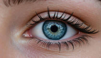 Obraz premium close up of female eye showcasing vibrant blue iris and long eyelashes