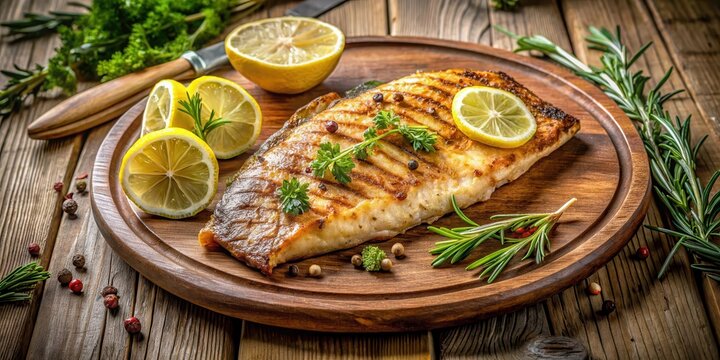 A grilled fish fillet with a golden brown crust on both sides, served on a wooden plate amidst fresh herbs and lemons