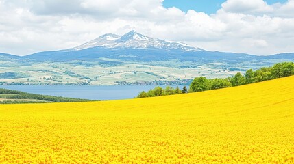 A vibrant field filled with yellow flowers stretches before a majestic mountain backdrop, showcasing nature's beauty and tranquility.