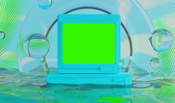 retro-future pc monitor y2k 2000s frutiger aero aqua web 2.0 gloss with stage podium for product display showcase, 3d illustration rendering abstract background