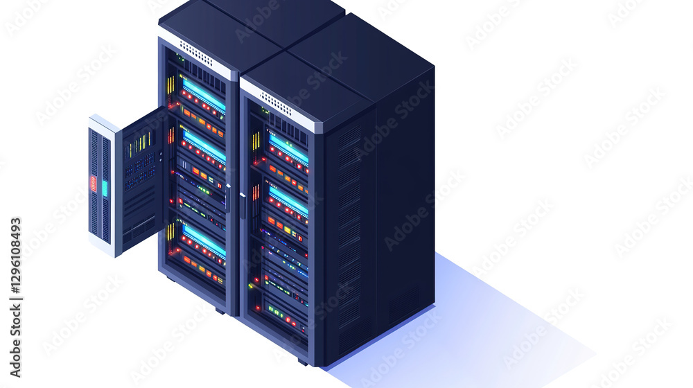 Aufkleber isometric style modern computer network server rack on transparent background