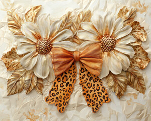 Elegant 3D Floral Design with Golden Daisy Flowers and Leopard Print Bow and Green Leaves on Vintage Ivory Crinkle Paper Background as Wallpaper Illustration
