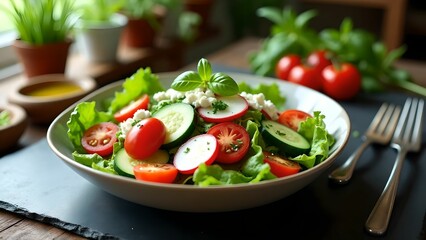 Fresh green salad with cherry tomatoes and feta cheese served on a rustic wooden table in a cozy kitchen setting