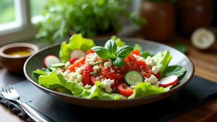 Fresh green salad with cherry tomatoes and feta cheese served on a rustic wooden table in a cozy kitchen setting