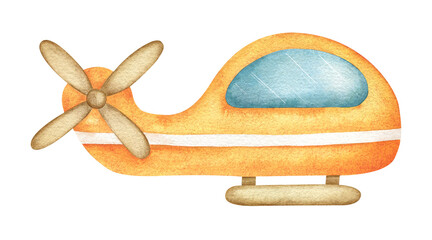 Orange helicopter toy. Isolated hand drawn watercolor illustration of Air Transport. Cute clipart of aircraft for baby shower and birthday cards, design of kid's goods, posters
