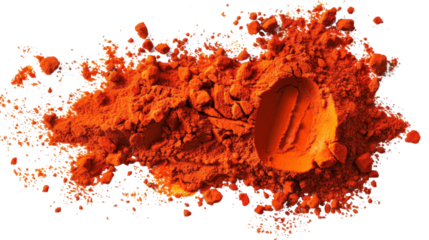Orange powder exploding creating a colorful cloud on transparent background