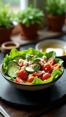 Fresh green salad with cherry tomatoes and feta cheese served on a rustic wooden table in a cozy kitchen setting