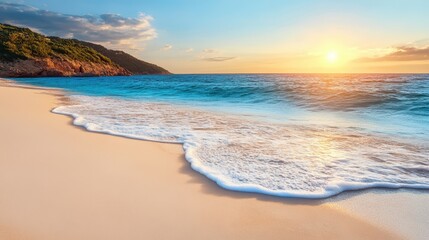 Aerial view of a serene beach showcasing a gentle wave rolling onto the sandy shore under a clear blue sky.