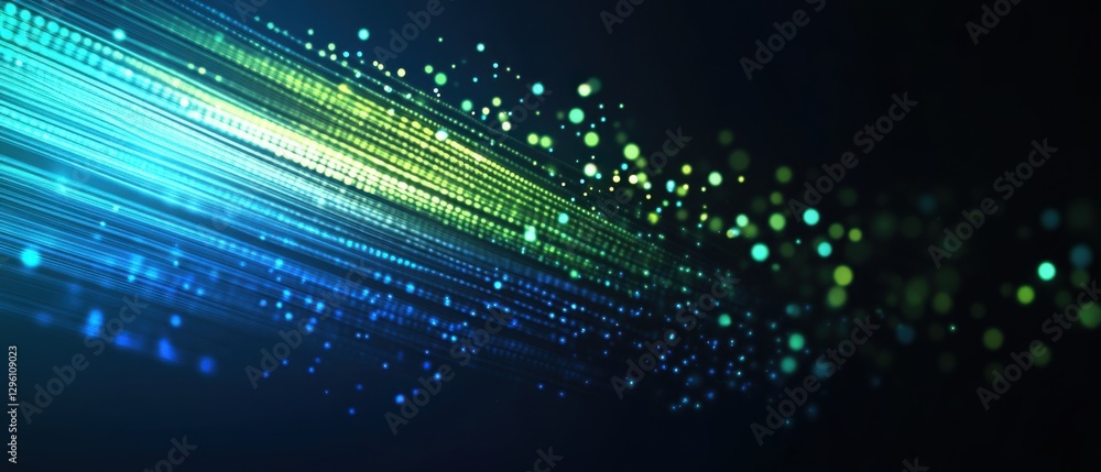 Poster abstract blue and green light streaks with bokeh effect on dark background concept of data stream, t