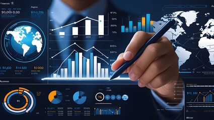 Business, finance and investment concept. Finance analyst using digital tablet touching on business growth graph chart on virtual screen, asset management, data analysis, business target and plan 

